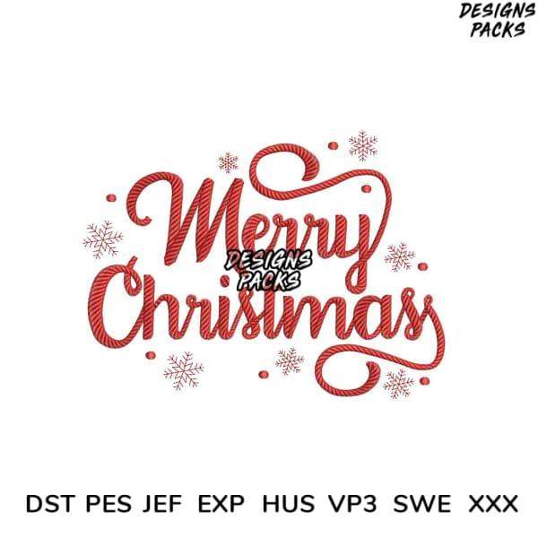 Merry Christmas embroidery design with snowflakes, available in PES, DST, JEF formats for instant download