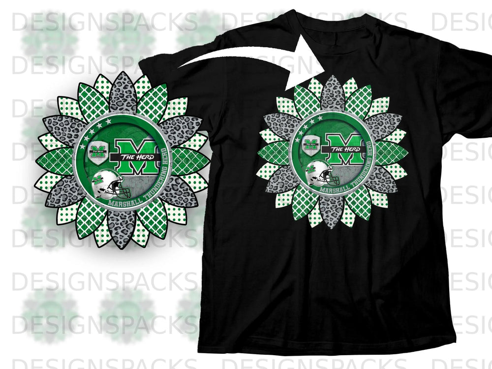 Sunflower design with Marshall Thundering Herd logo and helmet on black t-shirt.