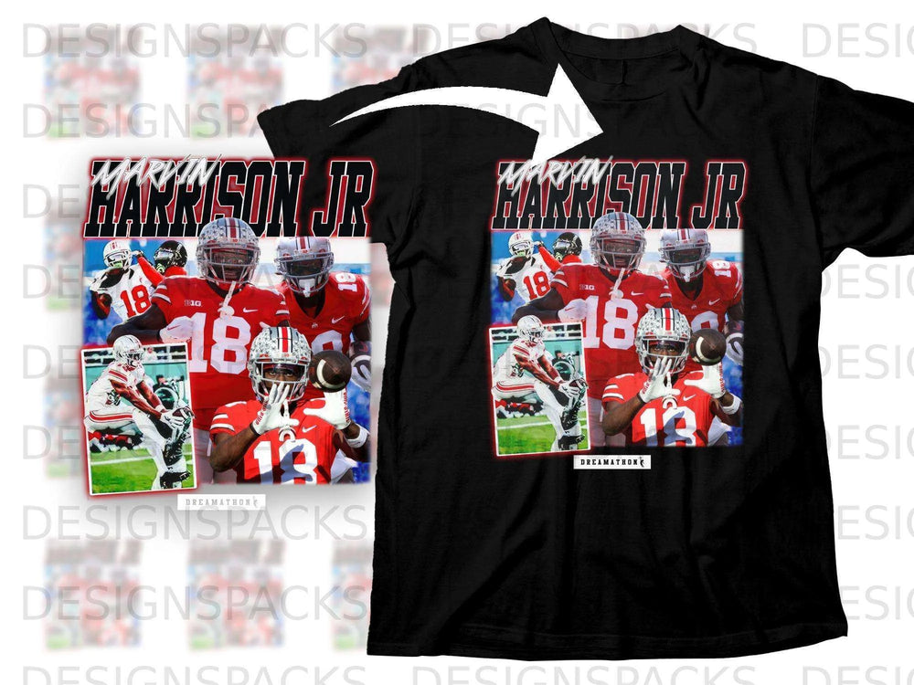 Black t-shirt with Marvin Harrison Jr. football graphic.