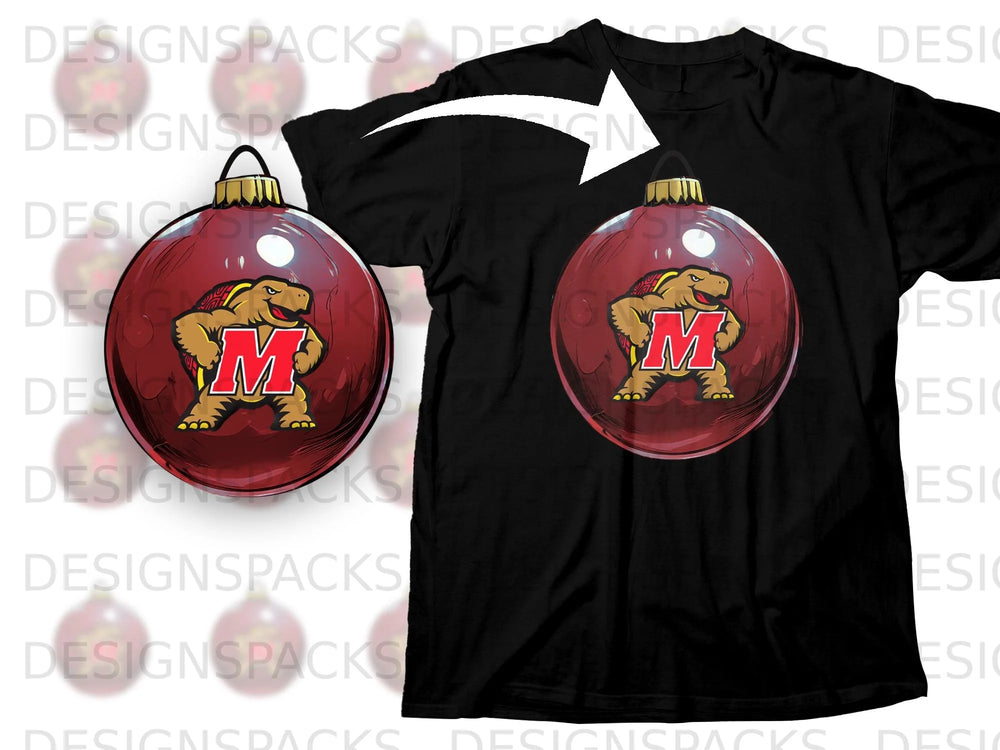 Black t-shirt with a red Christmas ornament featuring a turtle with an "M" logo.