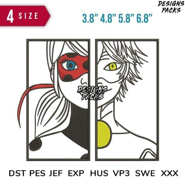 Ladybug and Cat Noir embroidery designs in 4 sizes, PES DST formats, print-ready for DTG/DTF