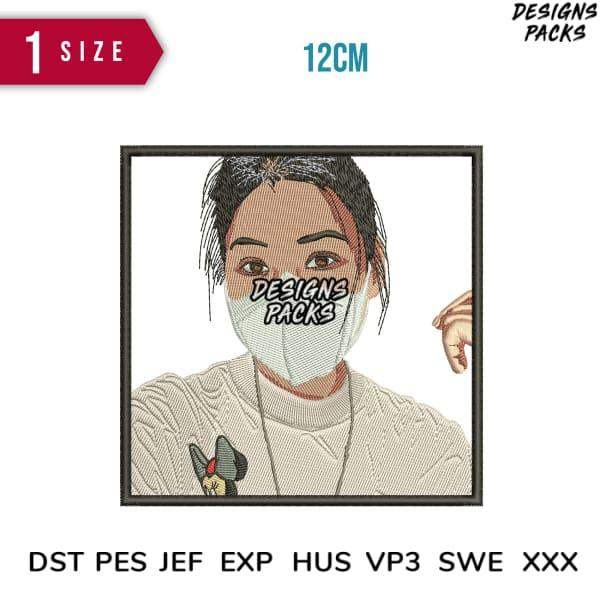 Embroidery design of woman wearing mask, 12cm size, compatible with DST PES JEF formats