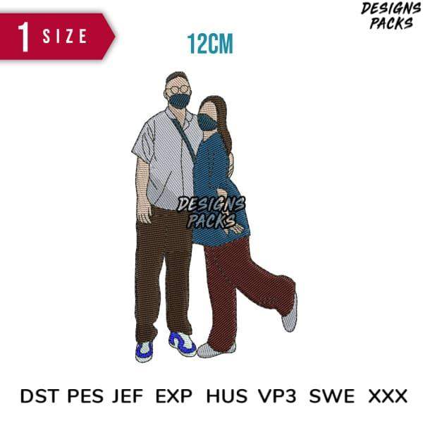 Embroidery design of couple wearing masks, 12cm size, compatible with DST PES JEF formats for instant download