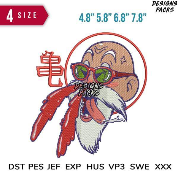 Embroidery design of Master Roshi with red sunglasses, white beard, and turtle symbol, available in PES, DST, EXP formats