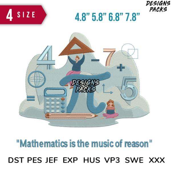Math-themed embroidery design with numbers, calculator, and quote 'Mathematics is the music of reason' in DST PES formats