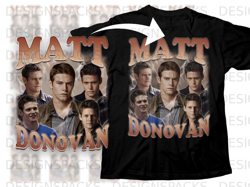 Black t-shirt featuring a collage of Matt Donovan with lightning effects.