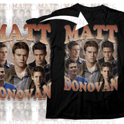 Black t-shirt featuring a collage of Matt Donovan with lightning effects.