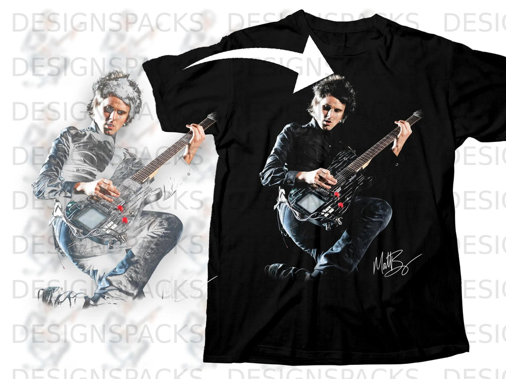 Black t-shirt with a graphic of a guitarist playing a custom guitar, signed "Matt B".