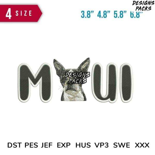 Embroidery design of dog face with 'MUI' text, 4 sizes, PES DST JEF formats for instant download