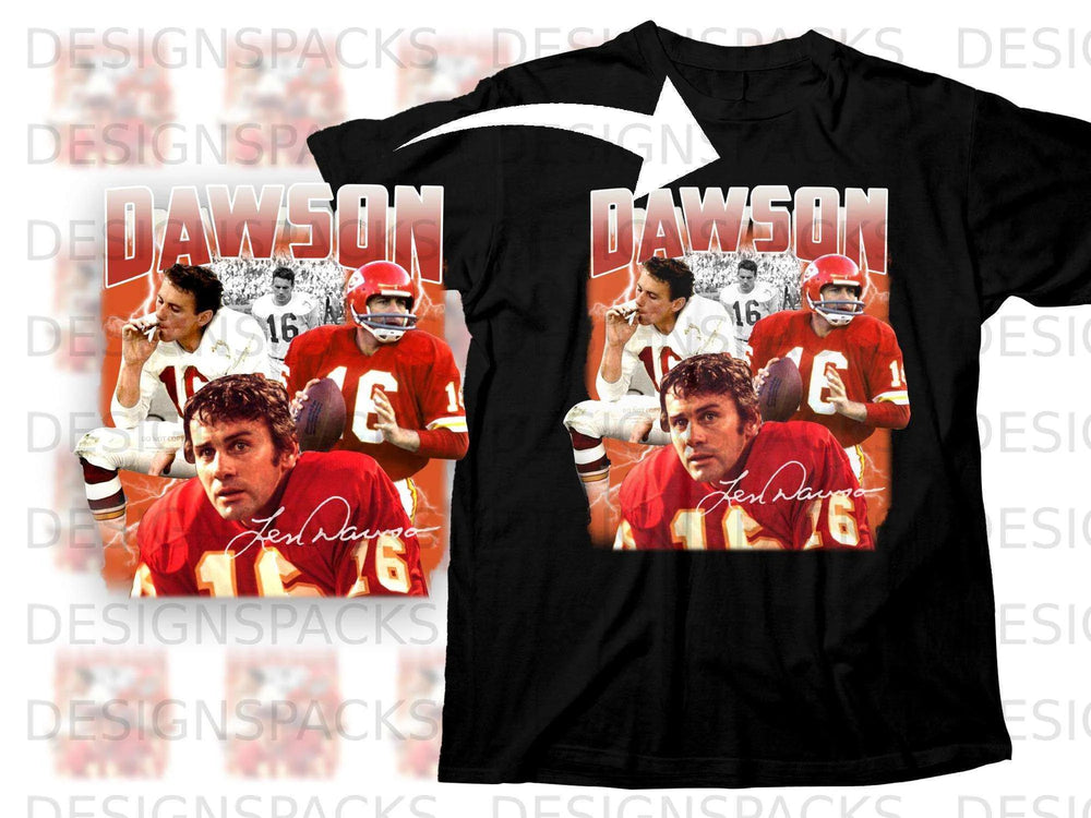 Black t-shirt featuring a vintage football player graphic with "DAWSON" and number 16.