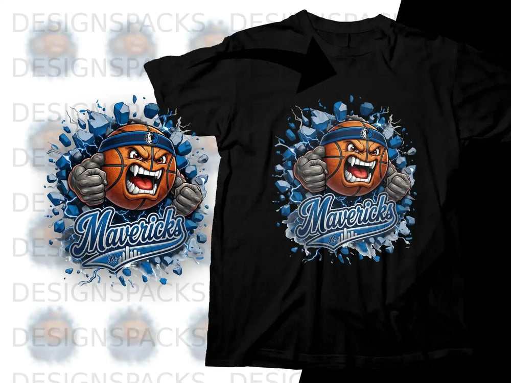 Black t-shirt with "Mavericks" basketball mascot cartoon graphic.
