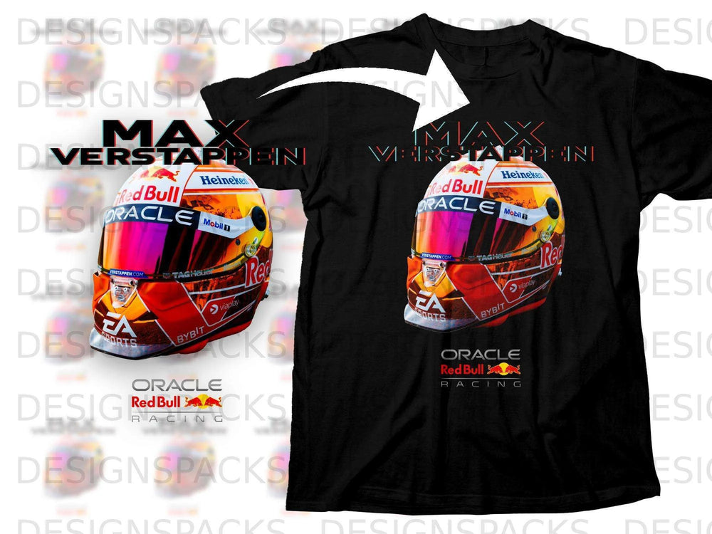 Black t-shirt with Max Verstappen Red Bull Racing design and sponsor logos.