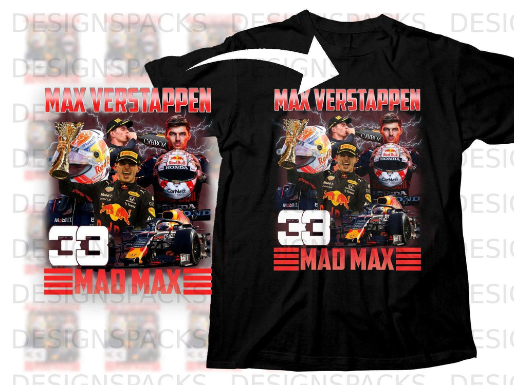 Max Verstappen "MAD MAX" t-shirt with driver, car, and sponsor logos.