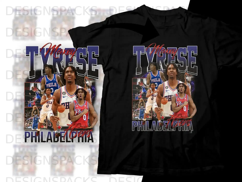 Collage of Tyrese Maxey in Philadelphia 76ers jersey with text "Tyrese" and "Philadelphia".