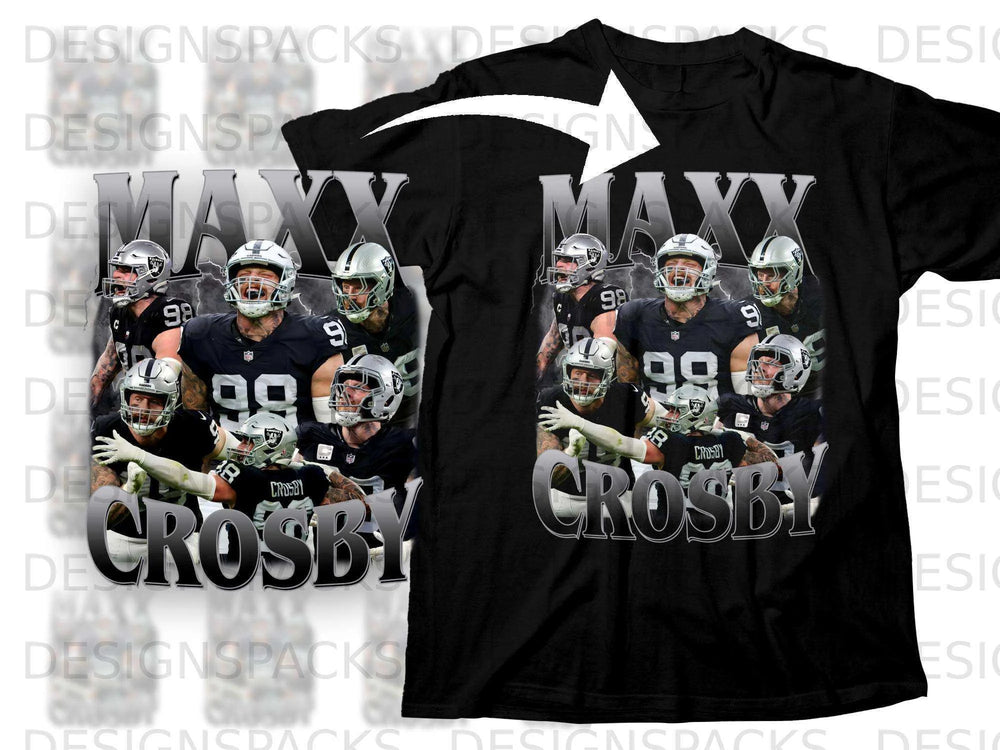 Black t-shirt featuring a collage of Maxx Crosby in Raiders uniform.