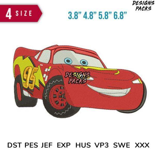 Lightning McQueen embroidery design in 4 sizes, compatible with DST PES JEF formats for instant download.