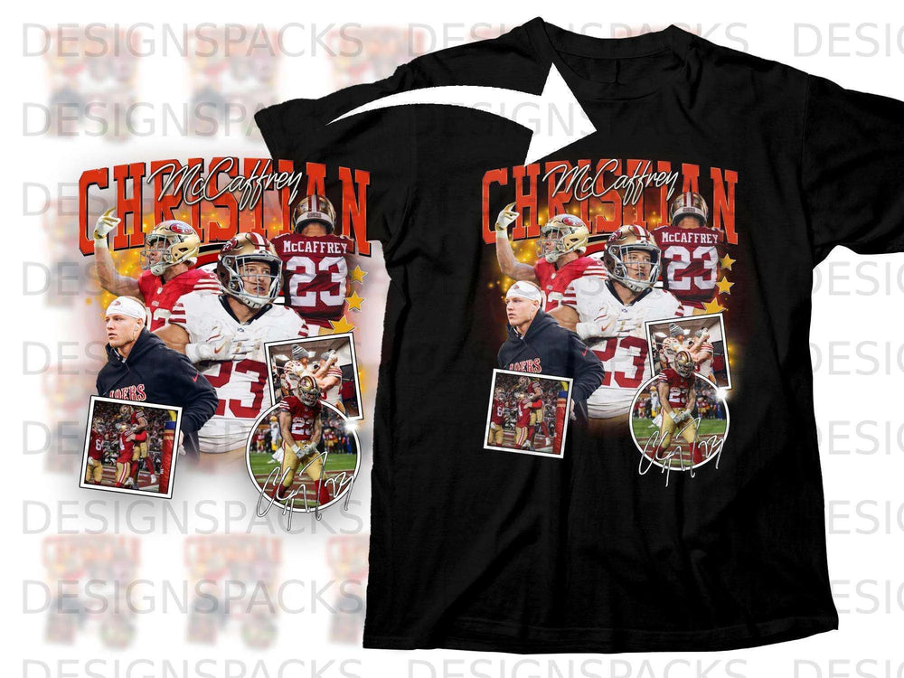 Christian McCaffrey 49ers jersey with collage of player images.