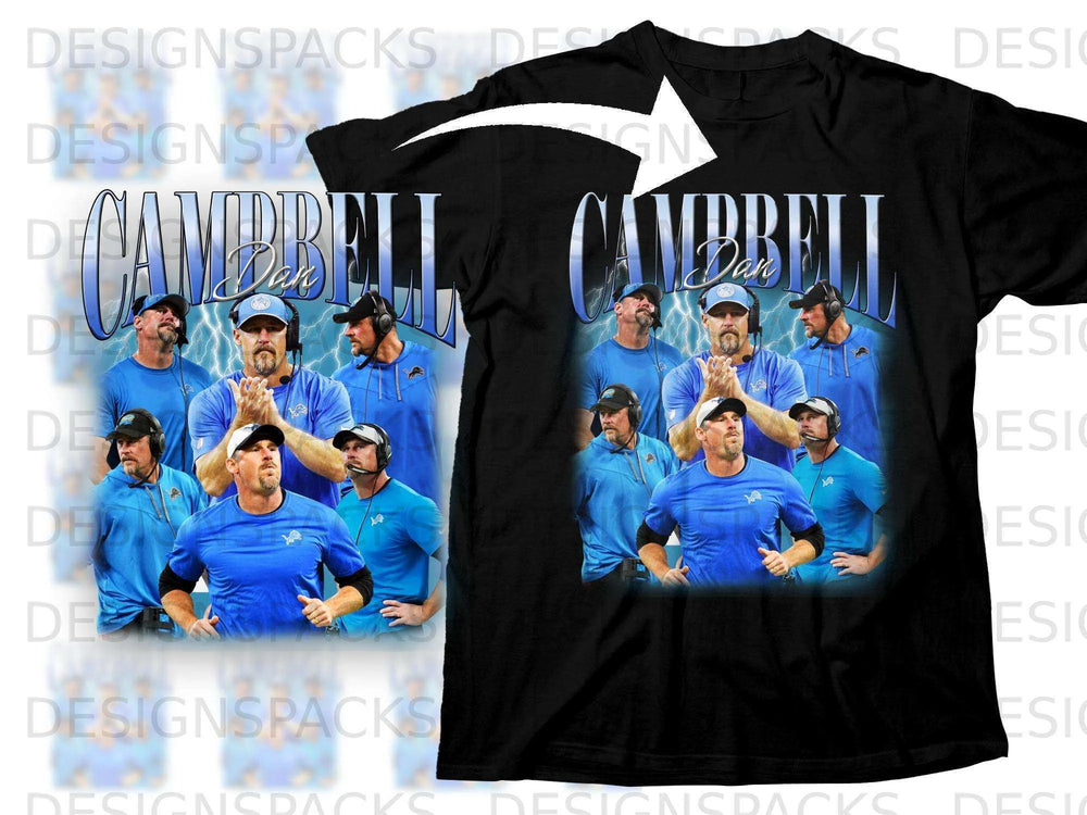 Dan Campbell coaching staff on a blue t-shirt.
