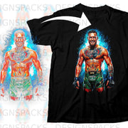 Black t-shirt featuring artwork of Conor McGregor in UFC shorts.