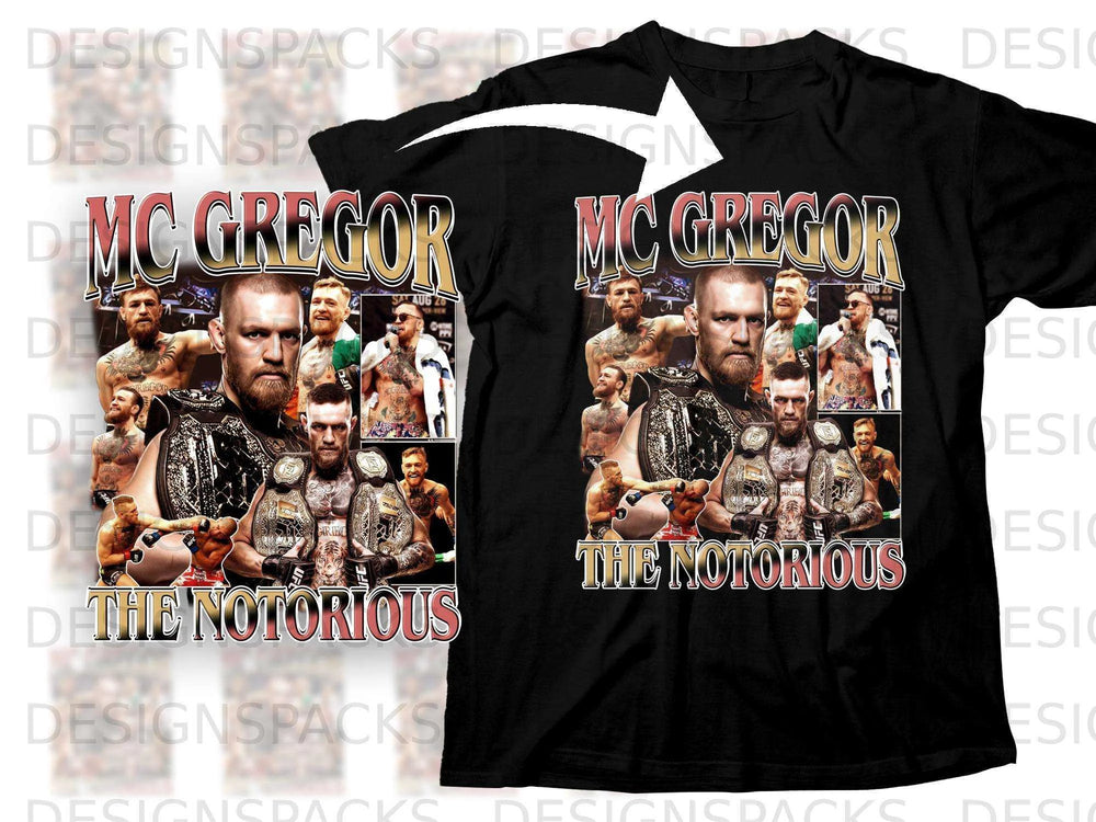 Black t-shirt with Conor McGregor and "The Notorious" graphic.
