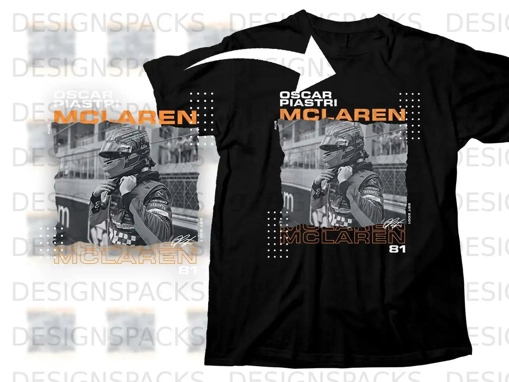 Black t-shirt with Oscar Piastri and McLaren F1 racing graphics and text.