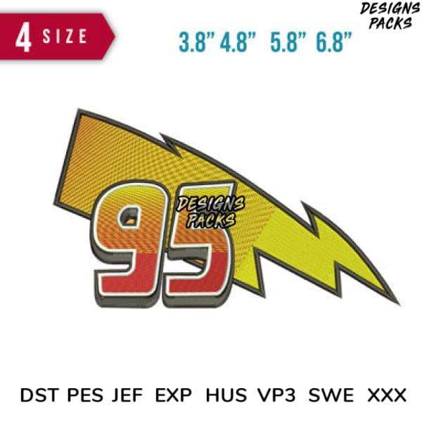 Embroidery design featuring bold '95' with lightning bolt, available in 4 sizes and multiple formats for instant download.