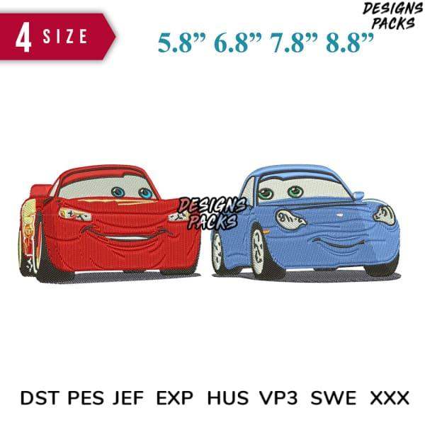 Embroidery design of red and blue cartoon cars in 4 sizes, compatible with DST, PES, JEF formats