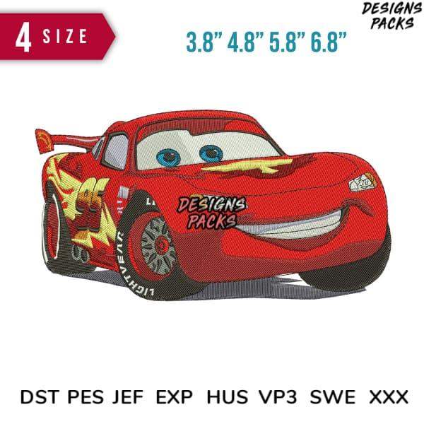 Lightning McQueen embroidery design in 4 sizes, compatible with DST PES JEF formats for machine embroidery