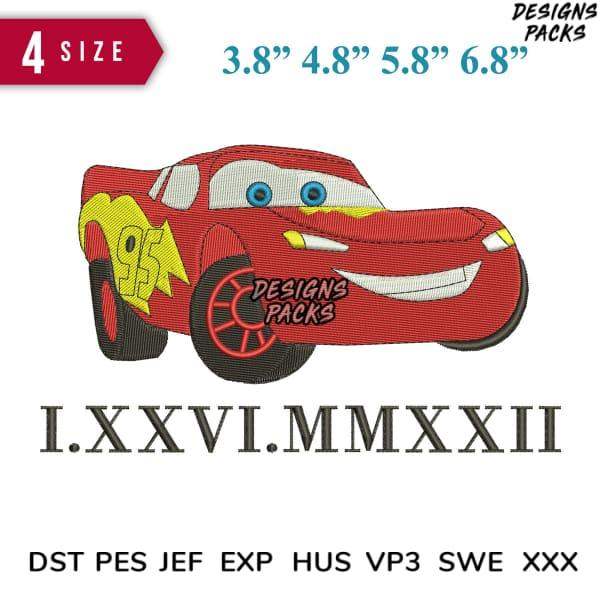 Lightning McQueen embroidery design in 4 sizes, compatible with DST PES JEF formats for instant download