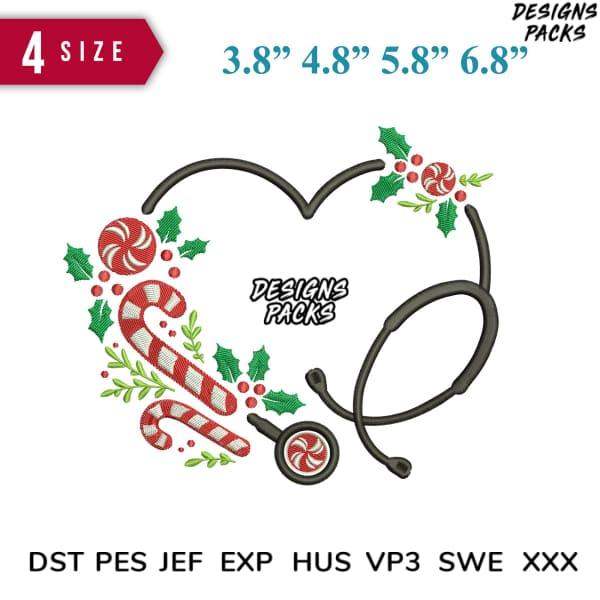Christmas candy cane heart with stethoscope embroidery design in 4 sizes, PES DST formats
