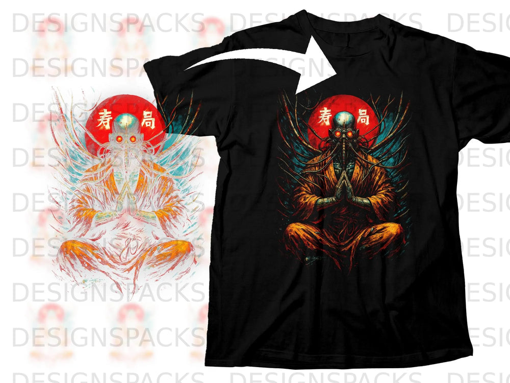 Black t-shirt featuring a meditating figure with a gas mask and Japanese characters 寿局.