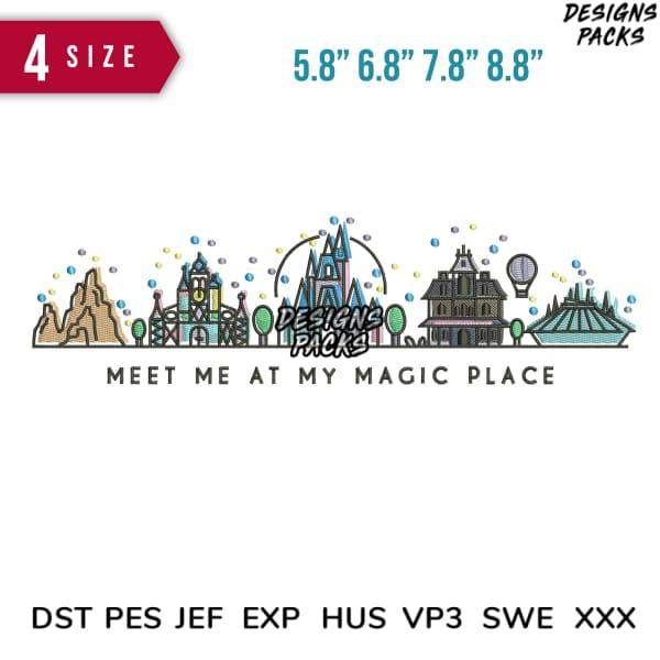 Magical theme park design with castles, rides, and text 'Meet Me at My Magic Place' for embroidery files