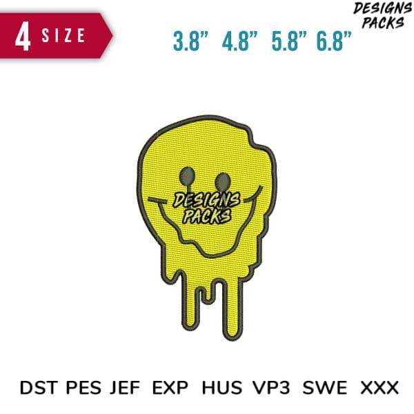 Yellow melting smiley face embroidery design in 4 sizes, PES DST JEF formats for instant download