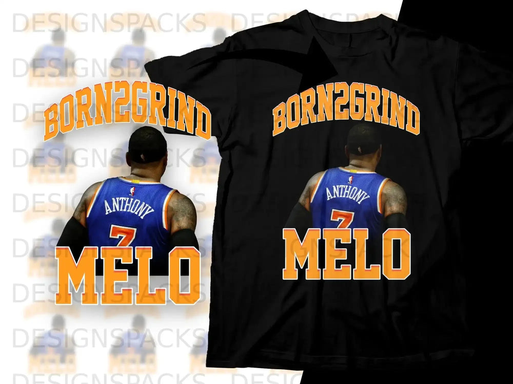 Black t-shirt with "Born2Grind Melo" and Anthony's jersey number 7.