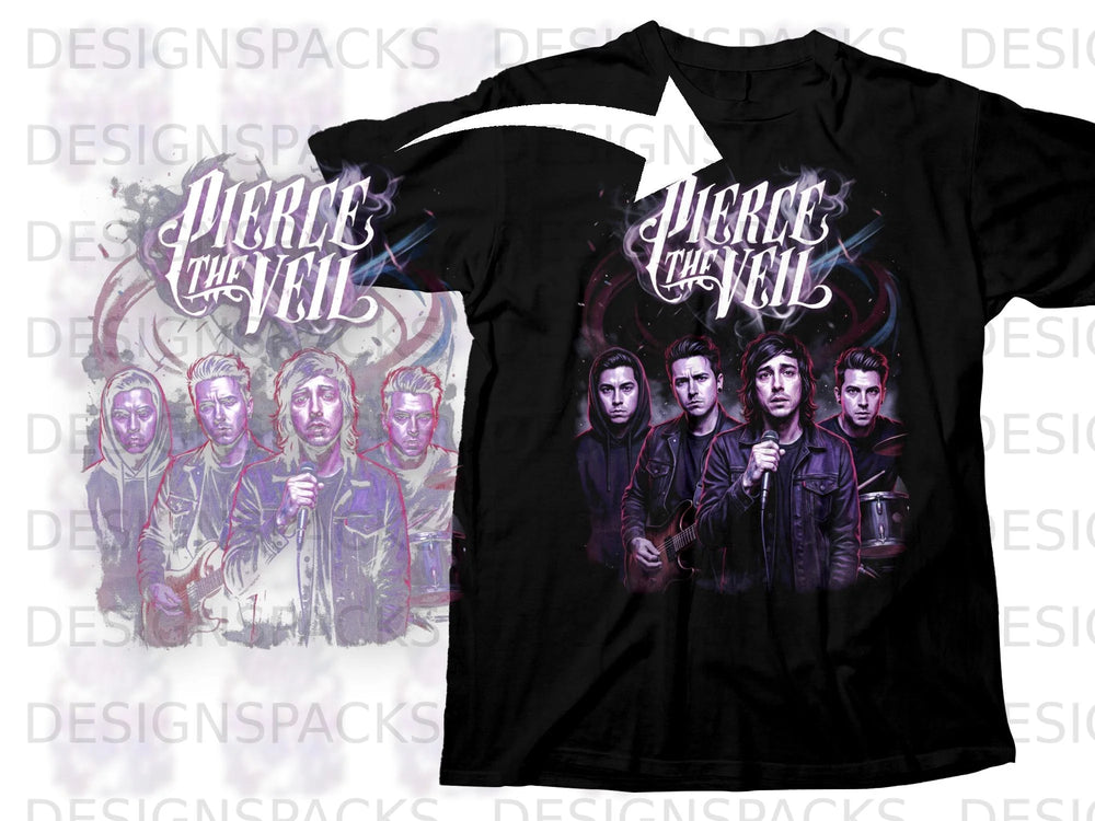 Black t-shirt with Pierce the Veil band graphic featuring five members.