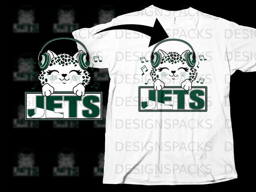Cute leopard character wearing headphones holds "JETS" sign.