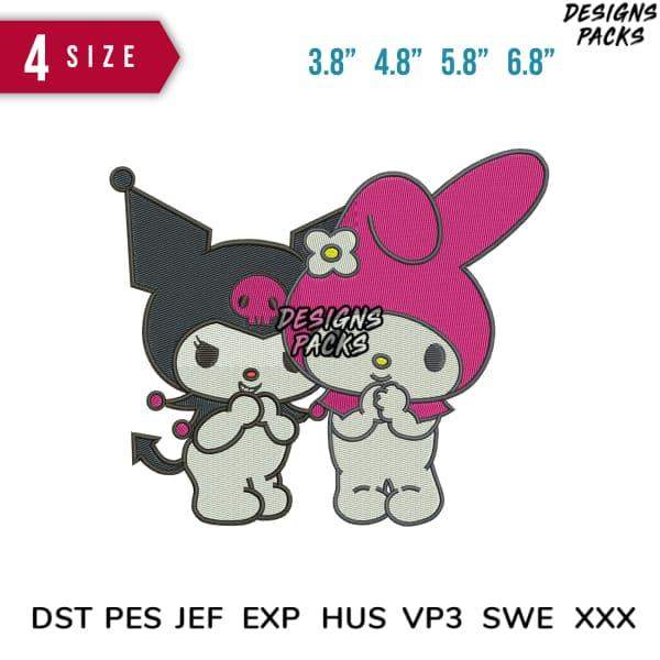 Cute My Melody and Kuromi embroidery designs in 4 sizes, print-ready formats for DTG and DTF