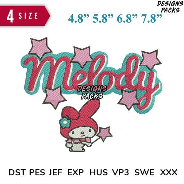 Melody name embroidery design with stars, 4 sizes, PES DST JEF formats for machine embroidery