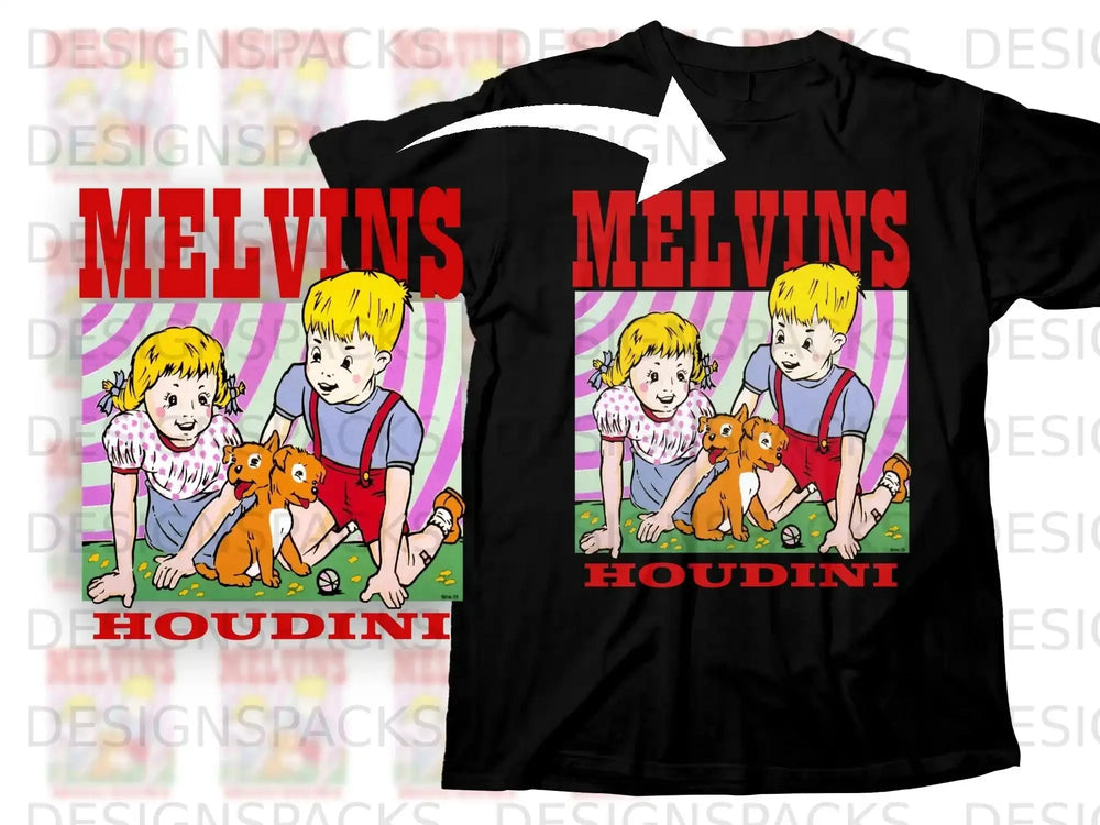 Black t-shirt with Melvins Houdini graphic of two children and a dog.