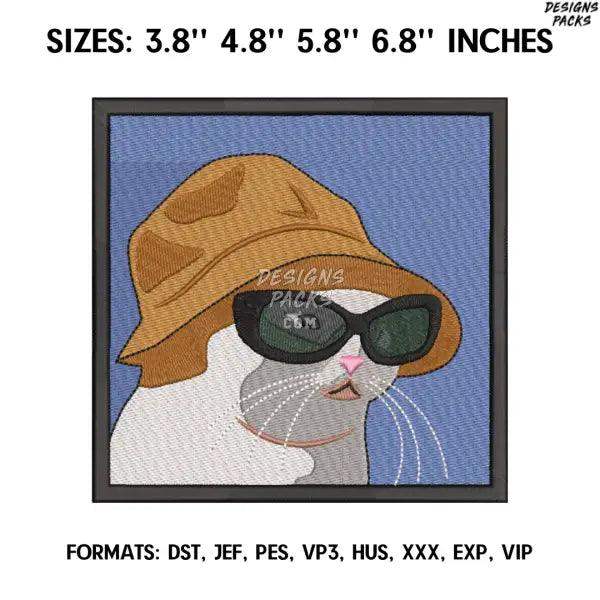 Mem Cat in Glasses and Panama Anime Embroidery Design, Machine embroidery file. Ghibli embroidery design
