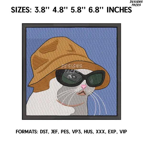 Mem Cat in Glasses and Panama Anime Embroidery Design, Machine embroidery file. Ghibli embroidery design