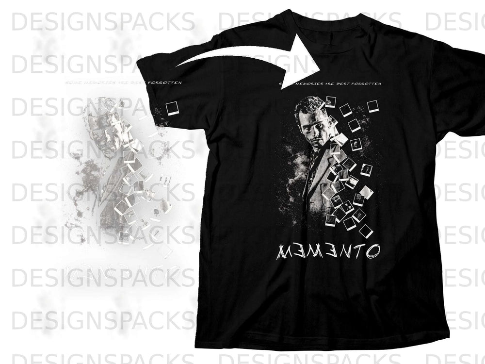 Black t-shirt with a distressed portrait and scattered Polaroids, text "MEMENTO".