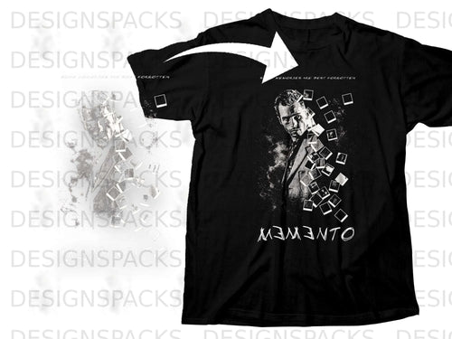 Black t-shirt with a distressed portrait and scattered Polaroids, text 