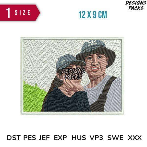 Embroidery design of couple in hats, 12x9 cm, print-ready formats included