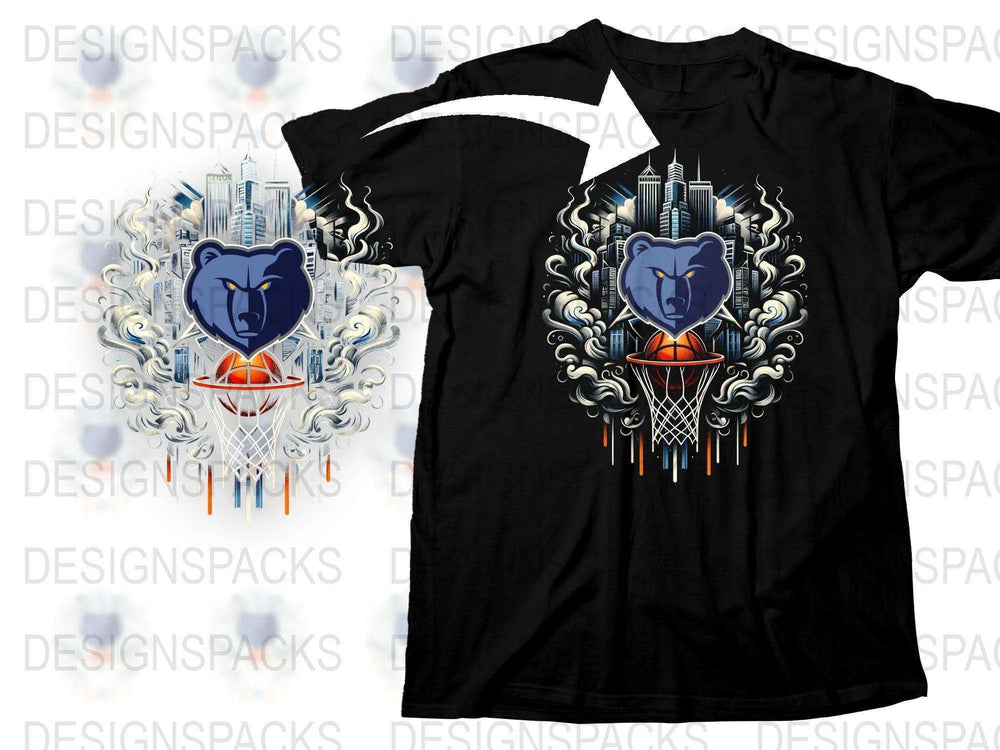 Men's Graphic T-Shirt with Bear and Basketball Design, Urban Style Black Shirt