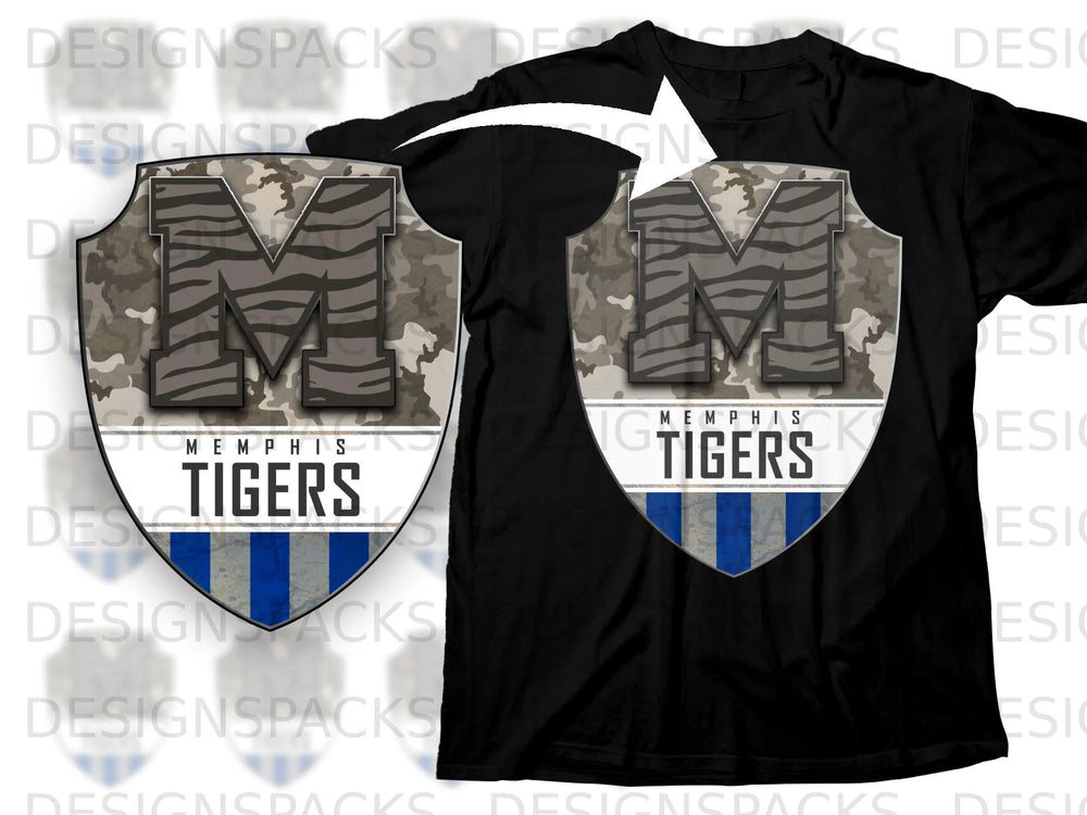 Black t-shirt featuring a shield logo with a camouflage background and tiger stripes.