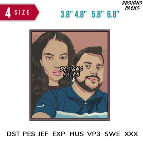Couple portrait embroidery design in 4 sizes, DST PES JEF formats, print-ready for DTG or DTF