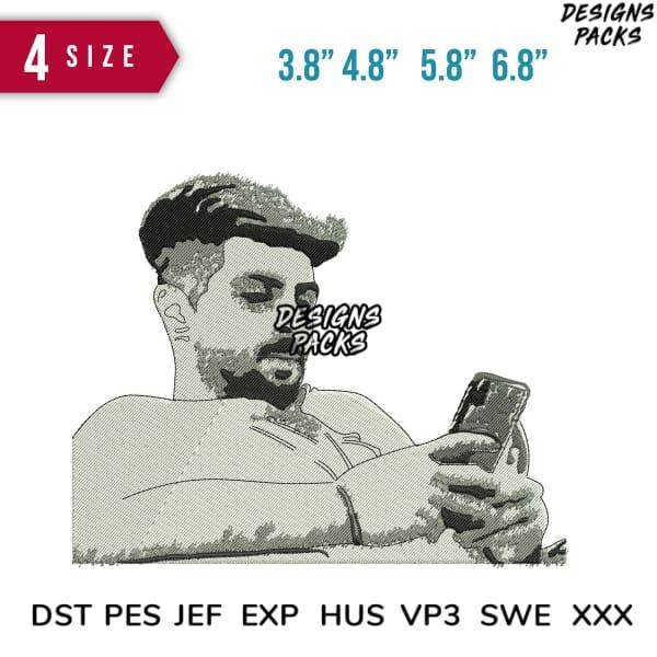 Man with beard using phone, embroidery design in DST PES formats, 4 sizes available