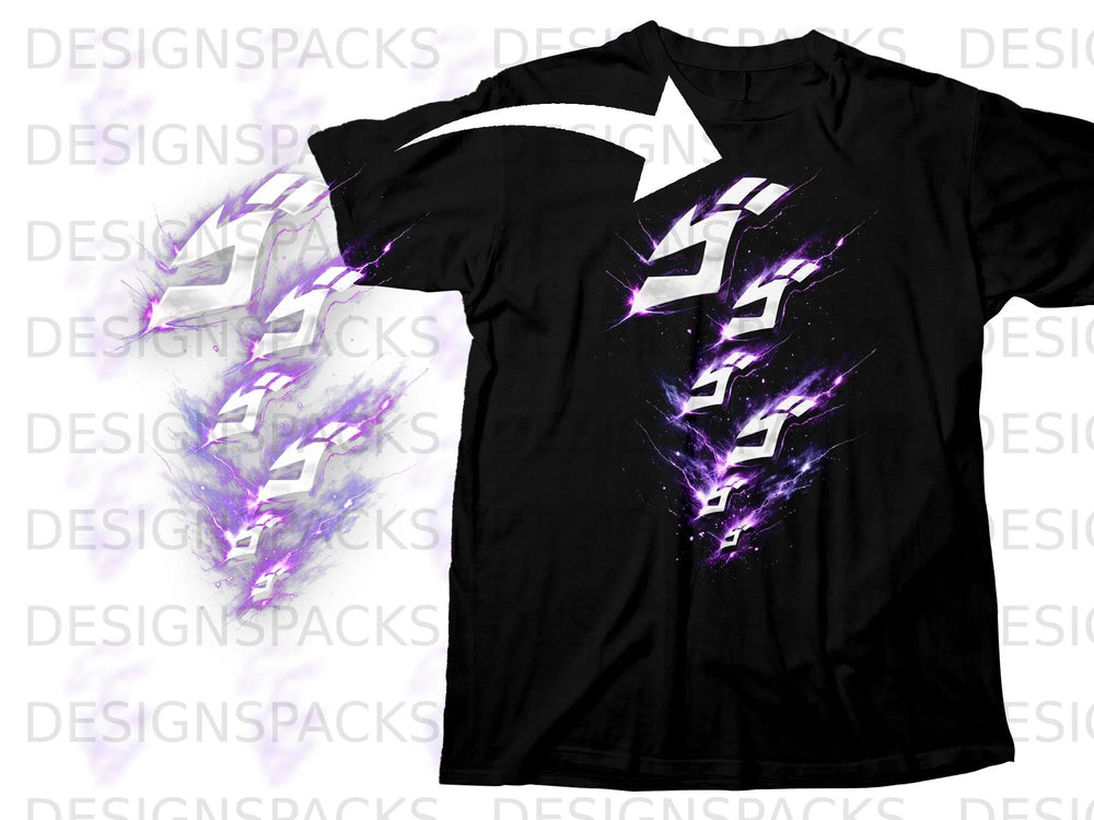 Black t-shirt with a white lightning bolt design and purple energy effects.