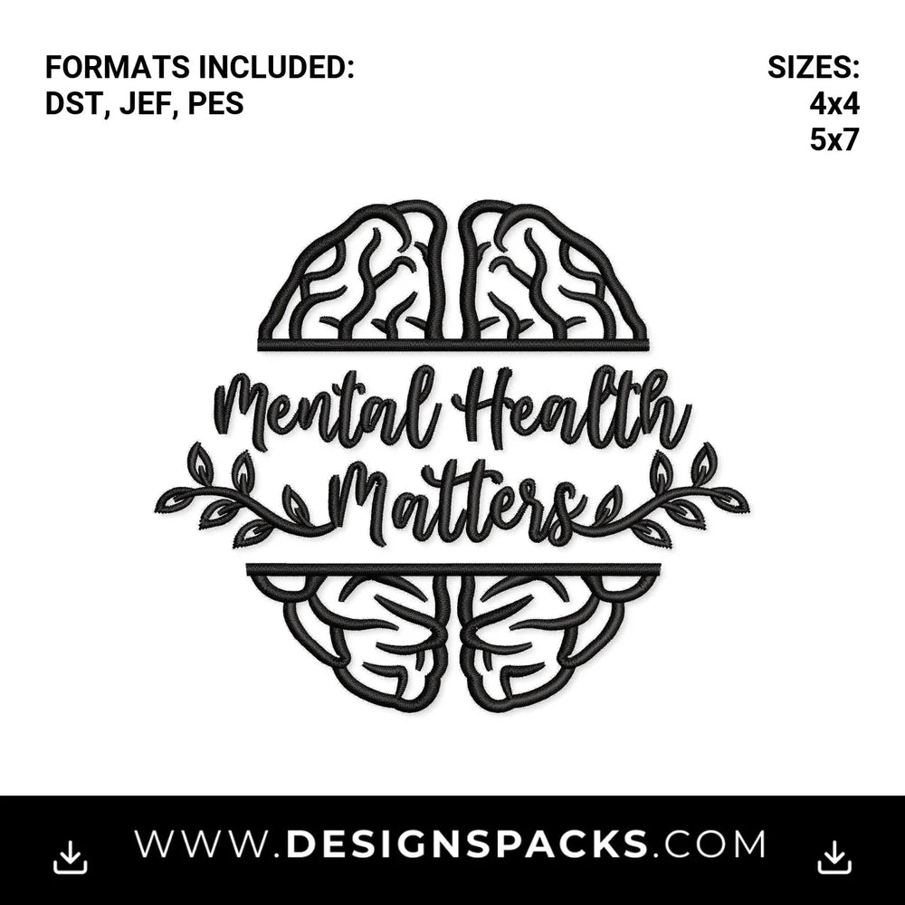 Mental Health Matters Floral Brain Embroidery Design - Instant digital download pattern at Designspacks.com
